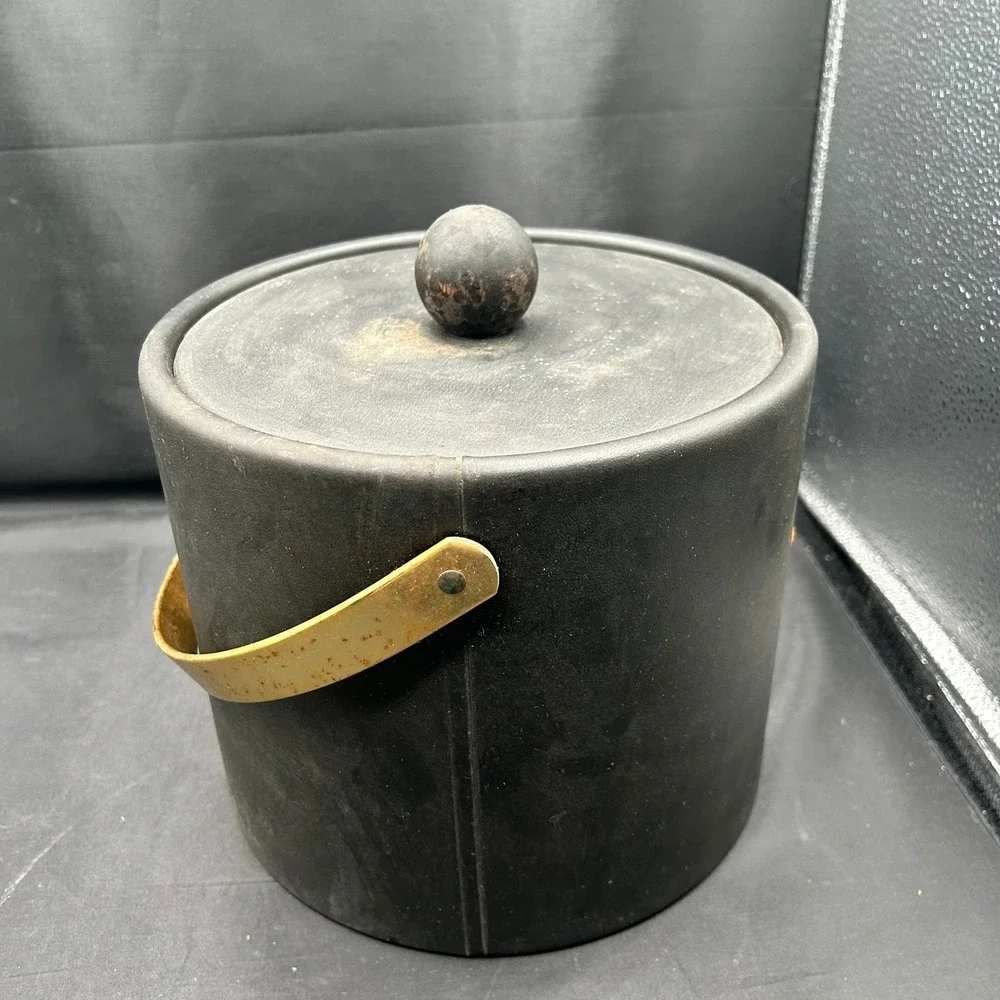Vintage MCM Black Ice Bucket Brass Handle Gold Coin Emblem Mid Century Modern